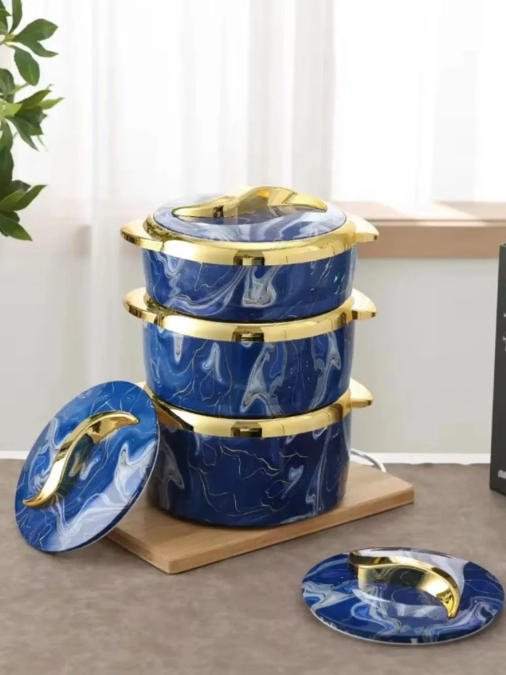 3Pcs Golden Touch Insulated Stainless-Steel Food Warmer - Marble Blue & White